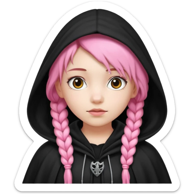 pink braids hair kid girl, white skin, wear black cloak sticker
