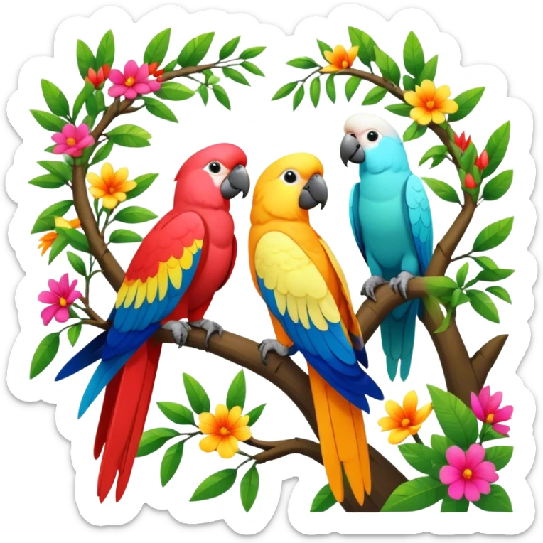 Close-up collage of vibrant Ara parrots and Inca cockatoos sitting on tree branches, surrounded by lush greenery. Bright colors of the birds stand out against a natural, sunny background of trees and flowers. Transparent background. sticker