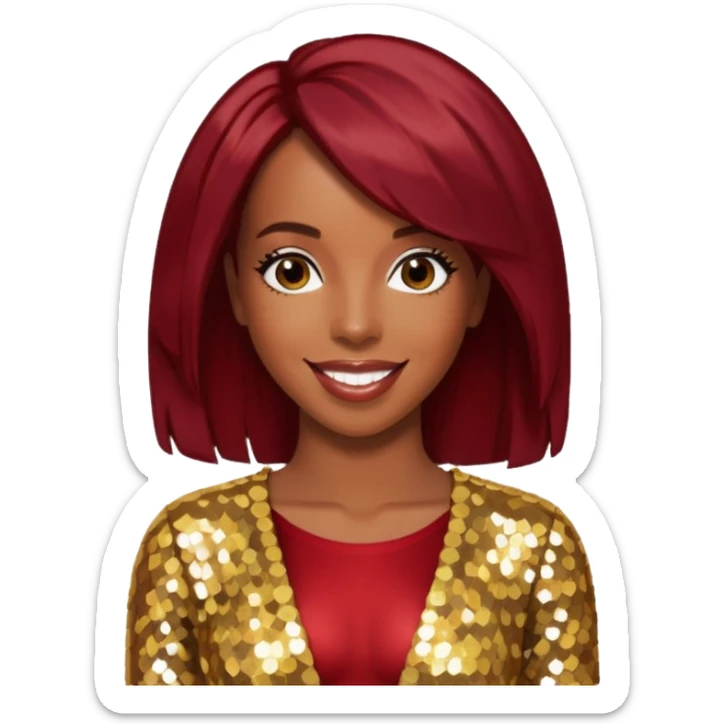 Kelly Rowland from Destiny's Child with dark red hair, gold sequin outfit sticker