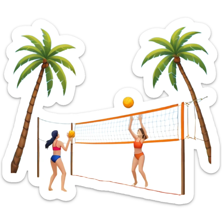 A volleyball resting on the orange sand of a beach, with a volleyball net in the background. The scene includes a beautiful beach landscape with blue sea, sky, and palm trees, while a couple of women in swimsuits play in the distance, capturing the relaxed yet competitive vibe of beach volleyball. sticker