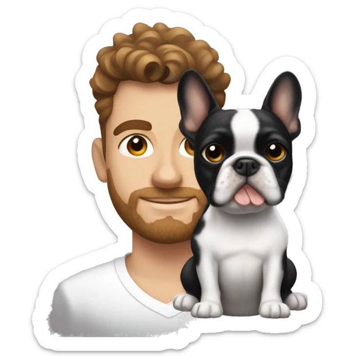 black-white frenchie dog next to his owner who is a white guy with brown curly hair  sticker