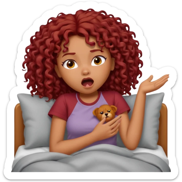 generate a pretty bratz brown skinned girl curly dark red hair, yawning in bed in a grey tshirt bored. sticker