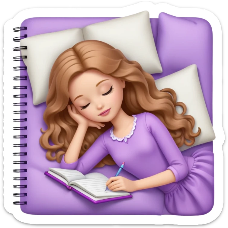 White Barbie girl Chestnut long wavy hair sleeping with In lavender clothes, he writes in a notebook sticker
