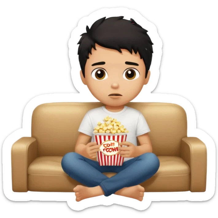 generate a pretty tan bratz boy with black messy hair eating popcorn and watching tv, wearing white tshirt sticker