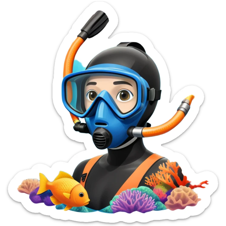 An icon featuring a close-up of a freediving mask and snorkel, with a breath-holding diver's fins, set against a vibrant underwater world. The design includes coral reefs, fish, and bubbles, symbolizing the serene beauty and thrill of freediving. Transparent background highlights the calm sticker