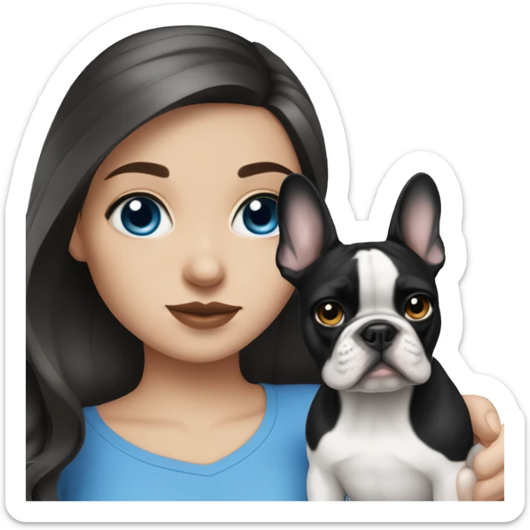 Brunette girl with blue eyes and a black-white french bulldog sticker