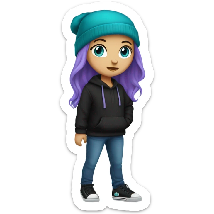 White girl, blue eyes, long teal hair, purple beanie hat, black hoodie, blue jeans, black shoes sticker