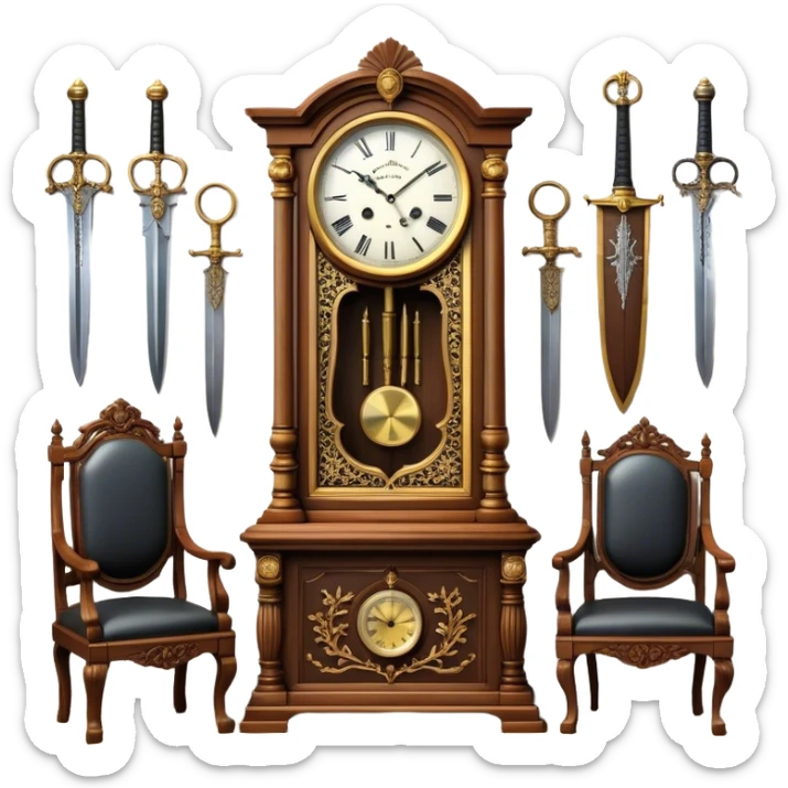 Icon for Antiques Collecting: a vintage clock, intricately carved furniture, famous paintings, antique swords, and rifles. The items are displayed on a wooden table or shelf. The icon should evoke the rich history and craftsmanship of antique collecting. Transparent background. sticker