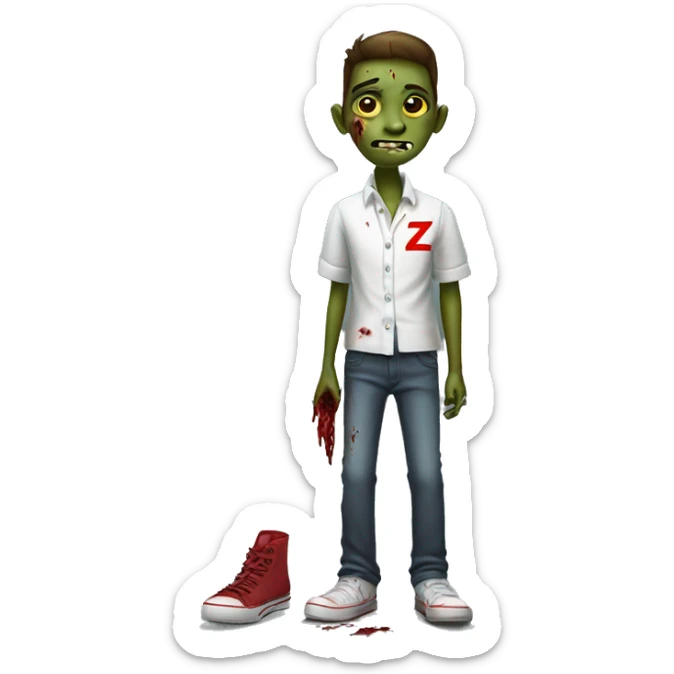 A Zombie With One Shoe On And One Shoe Off Named Zobie With A White School Shirt With Red Accents And With The Letter Z On It And Long Pants. | Photo 1 sticker