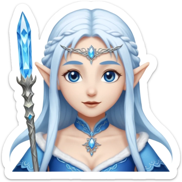 Legendary fantasy Christmas elf portrait icon, Santa Claus and Snow Maiden inspired, ancient winter spirit style, long flowing white-blue hair, glowing frost eyes, crystal staff, elegant elven features, divine winter magic aura, icy silver color palette, highly detailed but clean emoji icon sticker