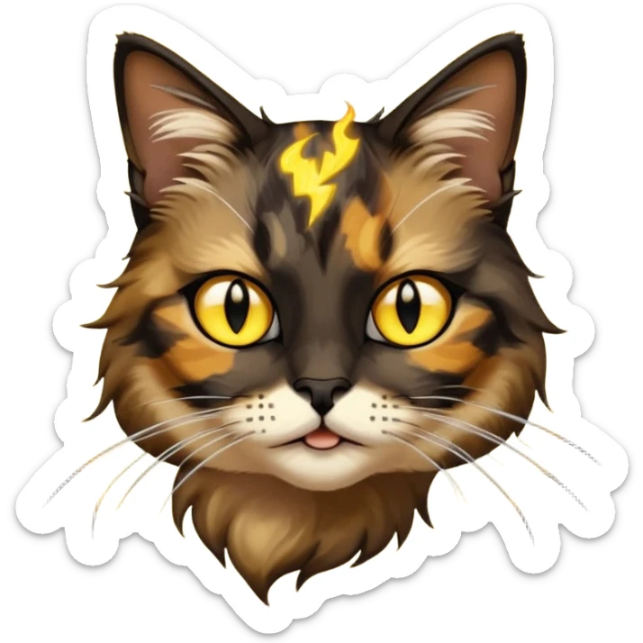 long hair tortoiseshell cat with a black face, white neck and yellow lightning mark above left eye sticker
