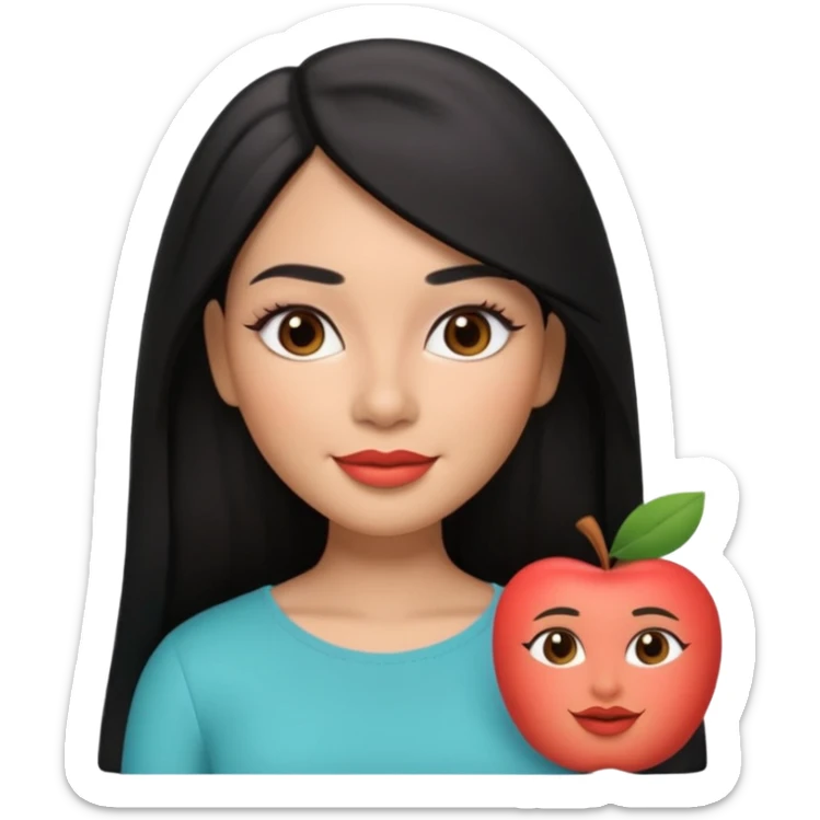 realistic Apple-style Memoji of a young Latina woman, medium warm skin tone, long straight black hair parted in the middle, defined eyebrows, almond-shaped dark brown eyes, full lips with coral lipstick, gentle smile, 3D look sticker