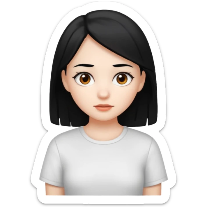 a girl with white skin, black hair, brown eyes, and a white shirt sticker