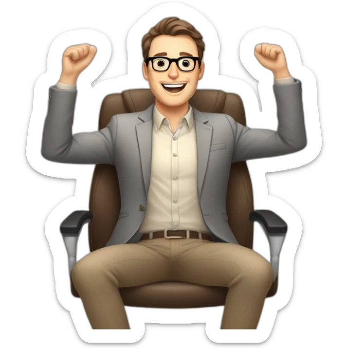 Joyful Celebrating victory Hands up Pale skinned Fit Man With dark brown hair in gray jacket, beige office shirt, Brown pants and vintage glasses sitting In a soft chair sticker