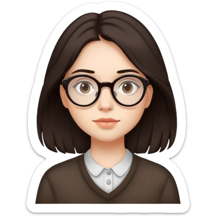 a teen girl with long layered dark brown hair with oval glasses, with an aura of aesthetic and minimalistic sticker