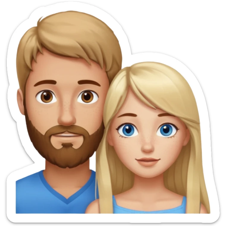 Woman with blue eyes and long blond hair and a bang in love with brown hait man with beard and freckles sticker