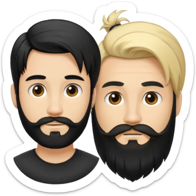 Man with long black hair tied in a tail and beard with a young blond short-haired without a beard sticker