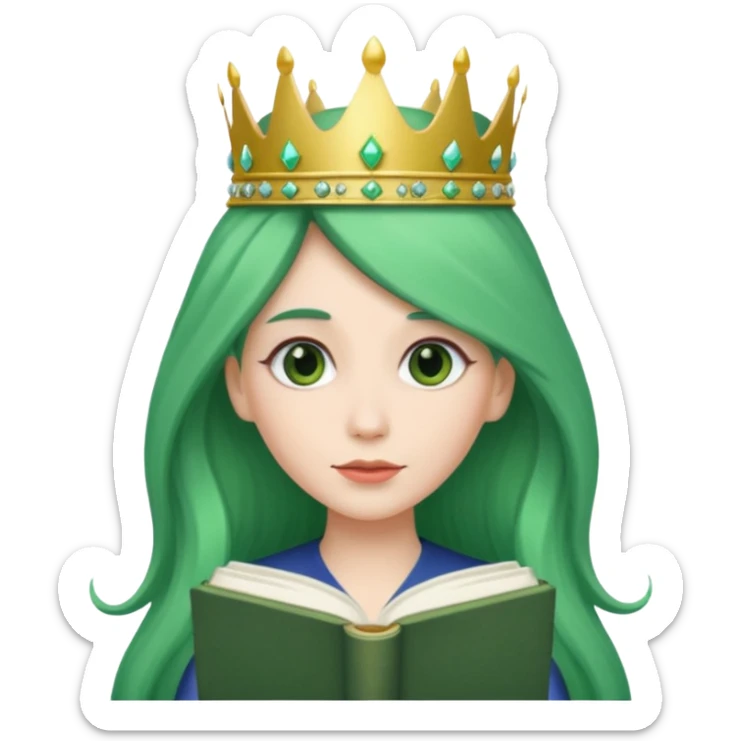Long Hair Women with green Book, White straight hair, crown

 sticker