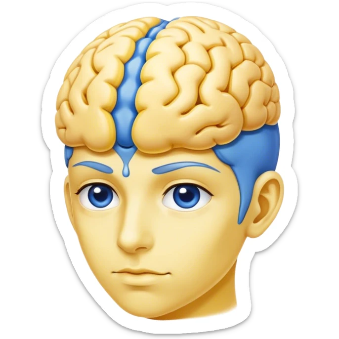An adult person face emoji, skin is emoji yellow, with blue brain instead of hair sticker