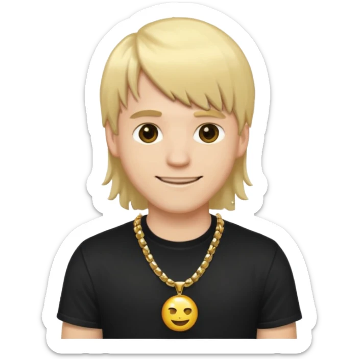 make a iphone emoji who is a white man that looks young with long blonde hair with bangs, with a black punk shirt and a golden neckless sticker