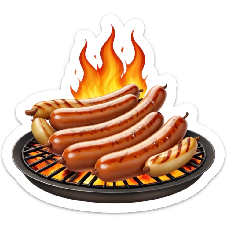 Cinematic Realistic Sausage Sizzle Dish Emoji, featuring sizzling sausages cooking over an open flame rendered with dynamic textures and warm, smoky lighting. sticker