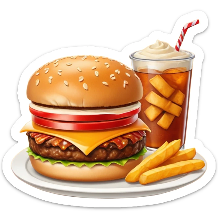 BBQ BACON BURGER, LARGE ORDER OF FRIES, ORANGE SODA WITH NO ICE, AND PIECE OF HOT APPLE PIE. sticker