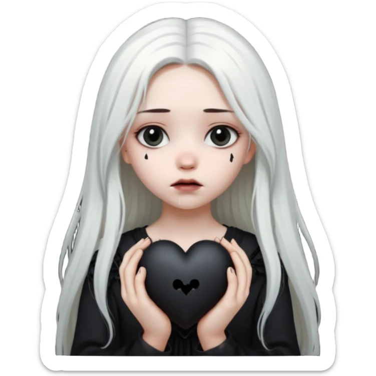 A girl with long white hair is sad and holds a black heart in her hands sticker
