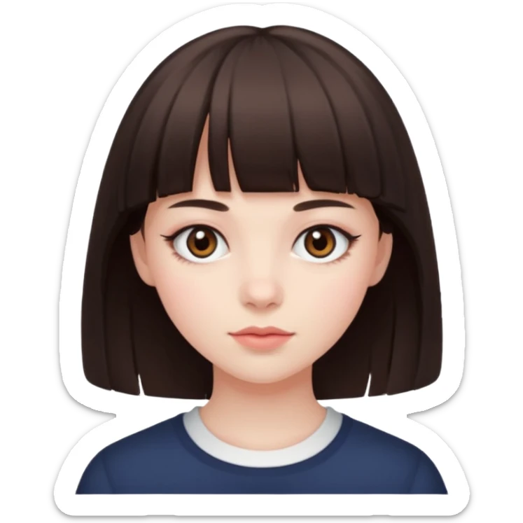 brunette girl with dark brown eyes, pale rosy skin and bangs sticker
