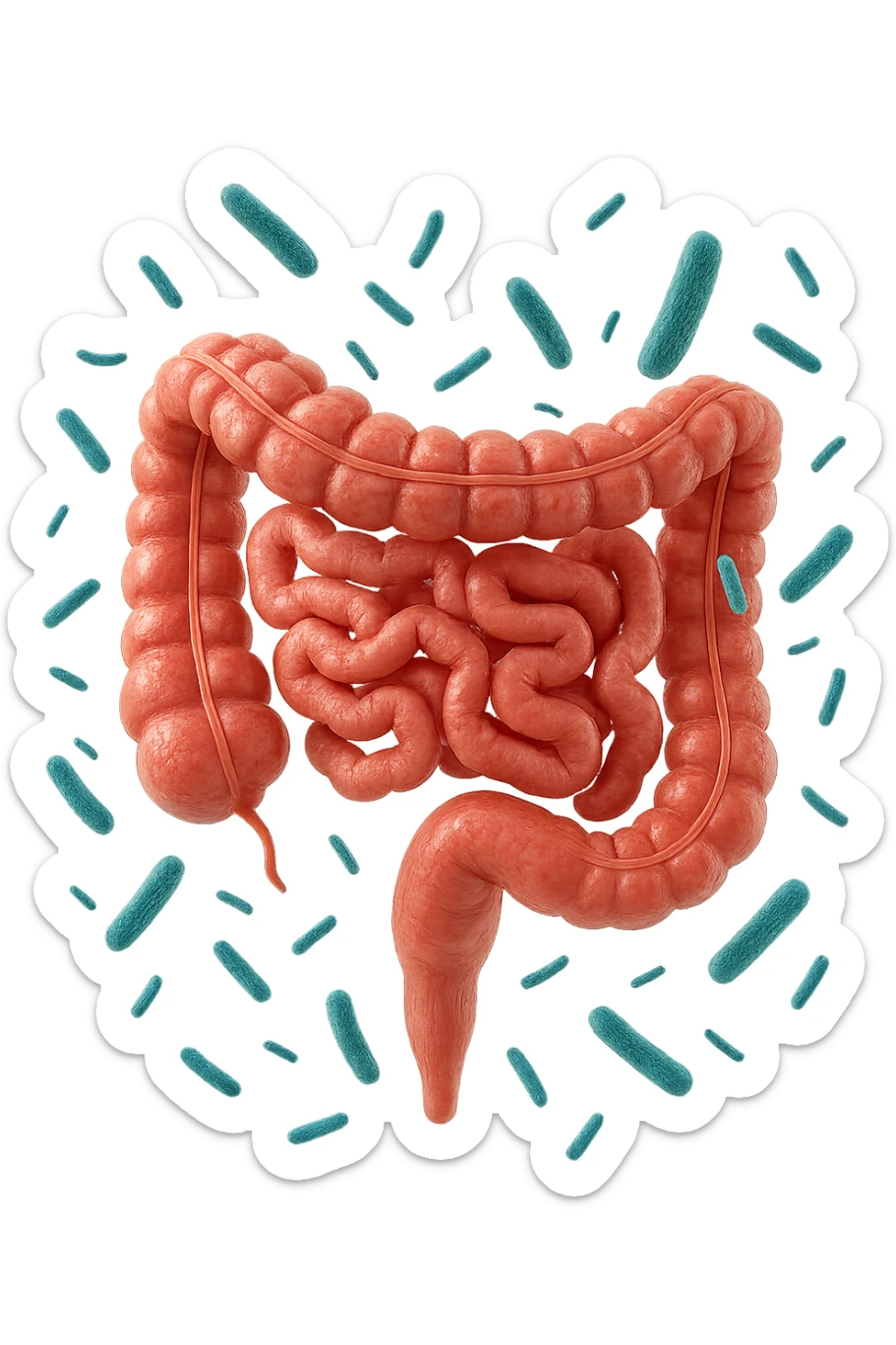 intestino umano anatomico con qualche batterio intestinale che gli fluttua intorno, ISOLATO SU SFONDO BIANCO sticker