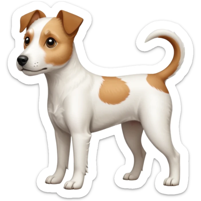 a full body white parson russell looking dog the size of a kelpie with light brown ears and a light brown patch on one eye and a large snout sticker