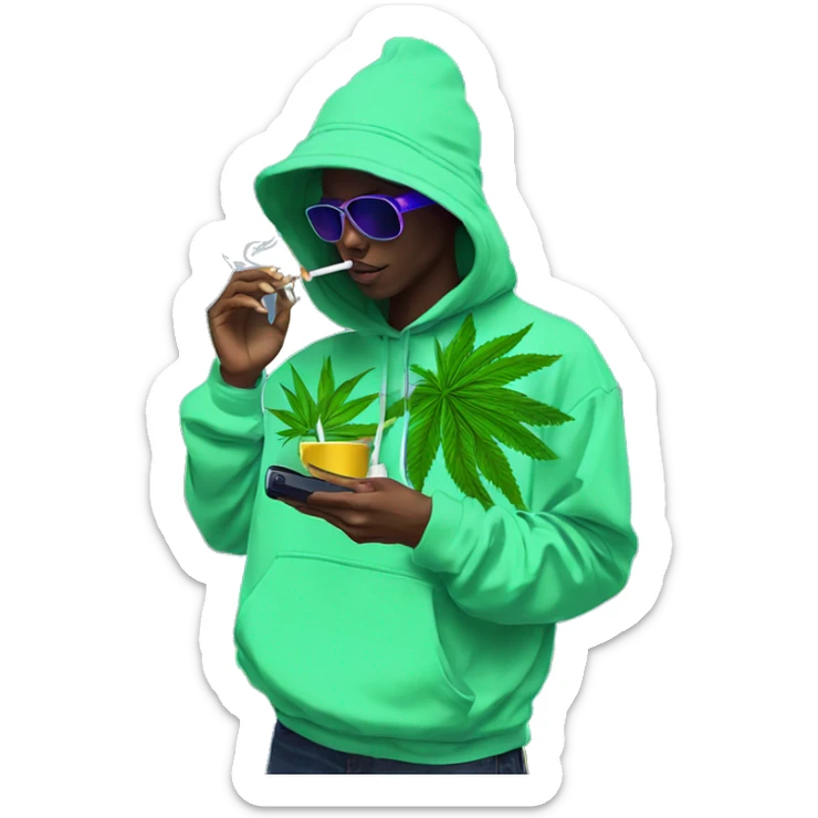 Hemp leaves Multicoloured neon person smoking wearing hoodie dancing hip hop bucket hat tropical Skater fashion aesthetic baggy clothes graphic t shirt 420 sticker