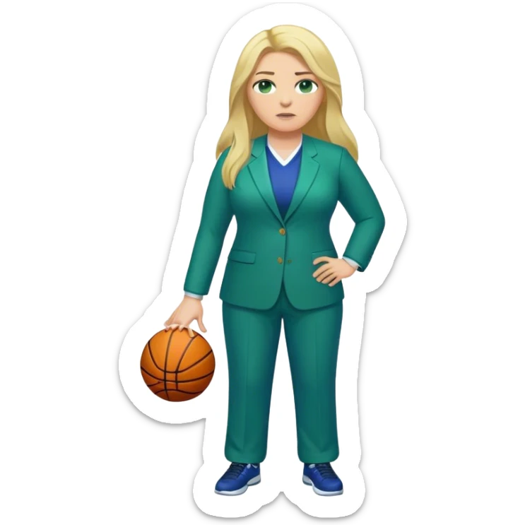 Full Body white plus size female basketball head coach with long blonde hair in a blue and green suit sticker