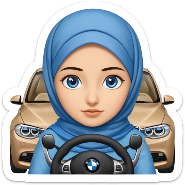 Turkish beautiful finish Konya girl blue eyes with denim hijab dress and driving bmw car sticker