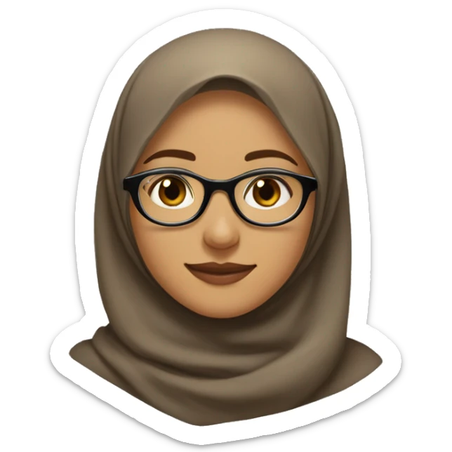 The image depicts a young woman wearing a light brown hijab and clear, round glasses. She is smiling softly, with a natural expression on her face. She is wearing a black outer garment,  sticker