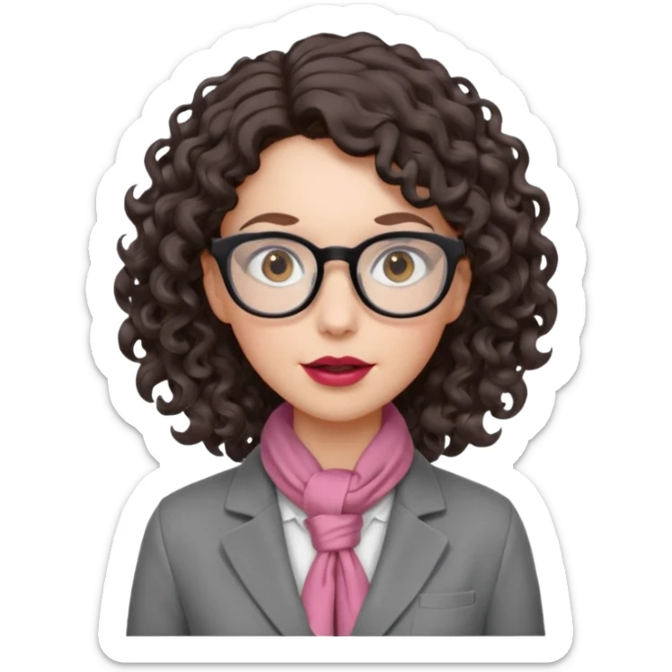 A crazy female scientist, with curly-wavy dark brown hair, brown eyes and light grey glasses and pale skin and pinkish lips, dressed to look like an english teacher but in neutral tones like grey black white, maybe with the pop of dark red sticker