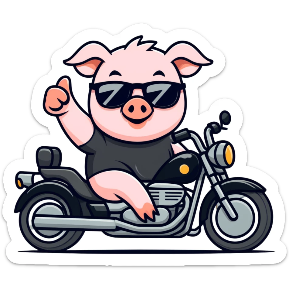 Pig wearing black t-shirt and sunglasses riding a black motorcycle giving a thumbs-up sticker