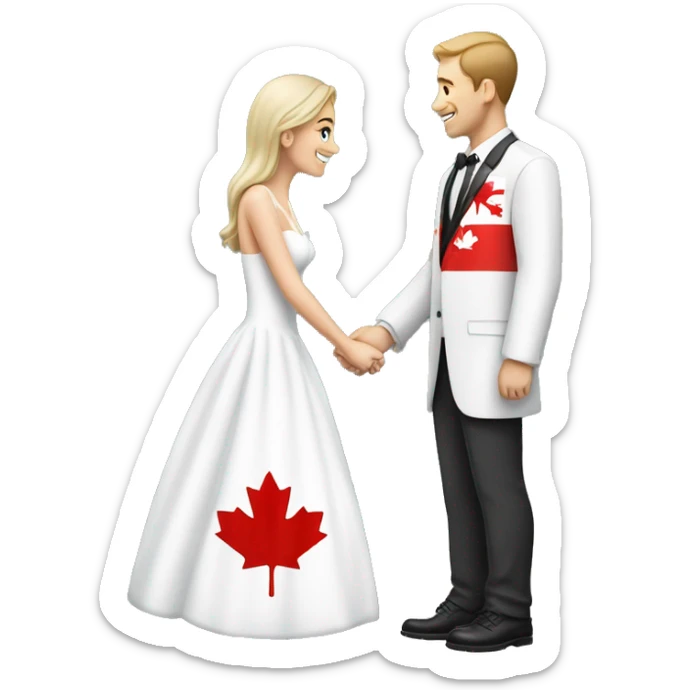 man wearing canadian flag shirt proposing to woman wearing a wedding dress sticker