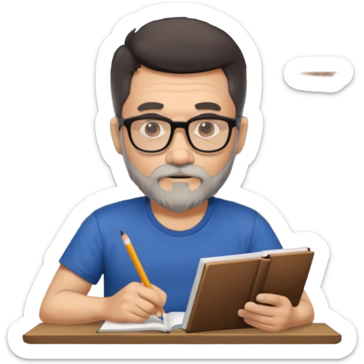 A man with a large gray beard, dark hair, wearing a t-shirt and glasses, studying. sticker