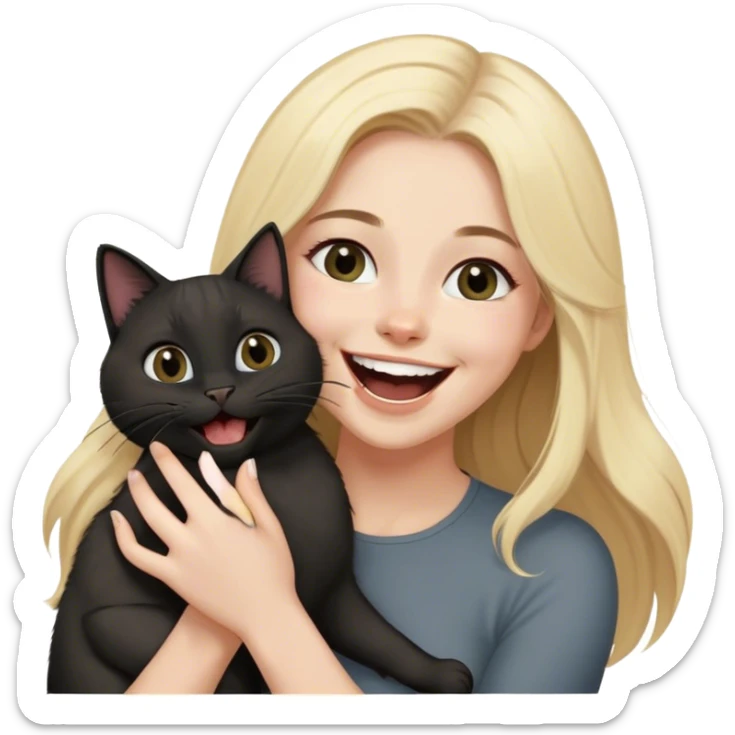 
Blonde with grey eyes and long hair lifts a black British cat above her and laughs sticker