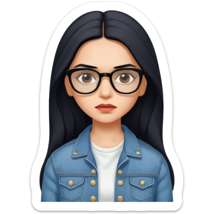 generate a pretty bratz emoji 
Make her wear a white dress with a denim jacket over it.long  black hair in a side part 

She should look exactly  like Deepika padukone! wearing tiny rectangular spectacle, looking sad sticker