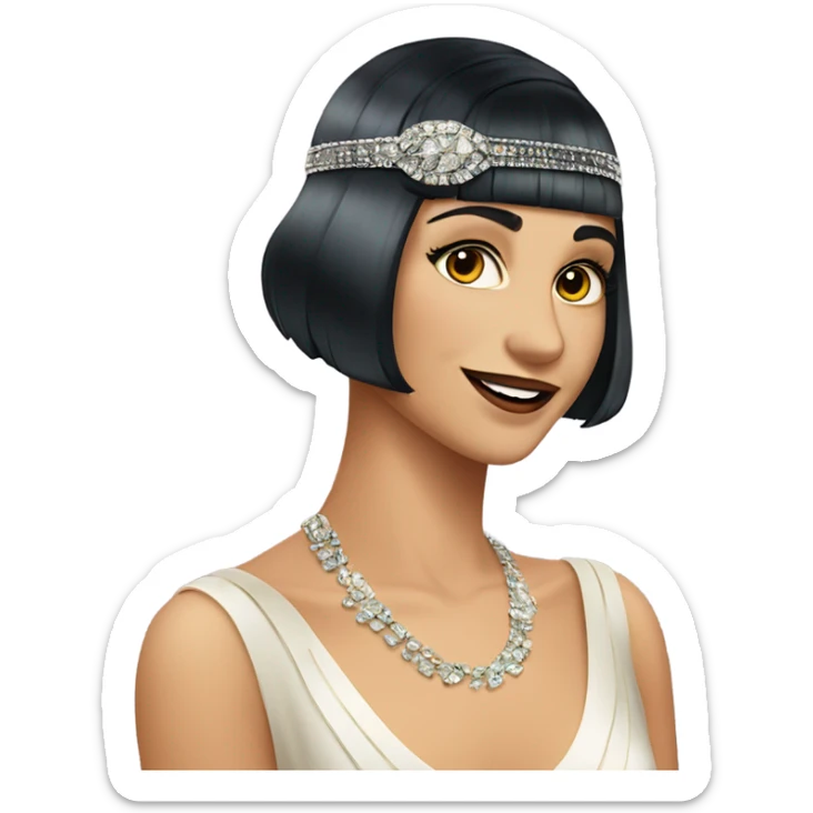 Feminine flapper jeweled style flapper headband short dark wave hair long eyelashes expression is she is smirking smiling sticker