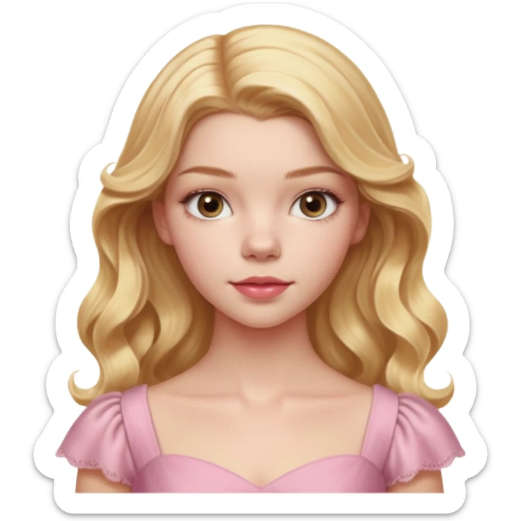 Cinematic Realistic Anya Taylor Joy Portrait, depicted with lifelike skin texture, subtle rosy undertones, and soft natural lighting that enhances the gentle contours of her face. Her intricately detailed golden blonde hair is elegantly wavy, and pink dress corquette sticker