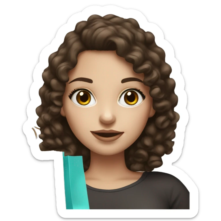 White skinned girl with dark brown curly hair and long lashes with shopping bag sticker