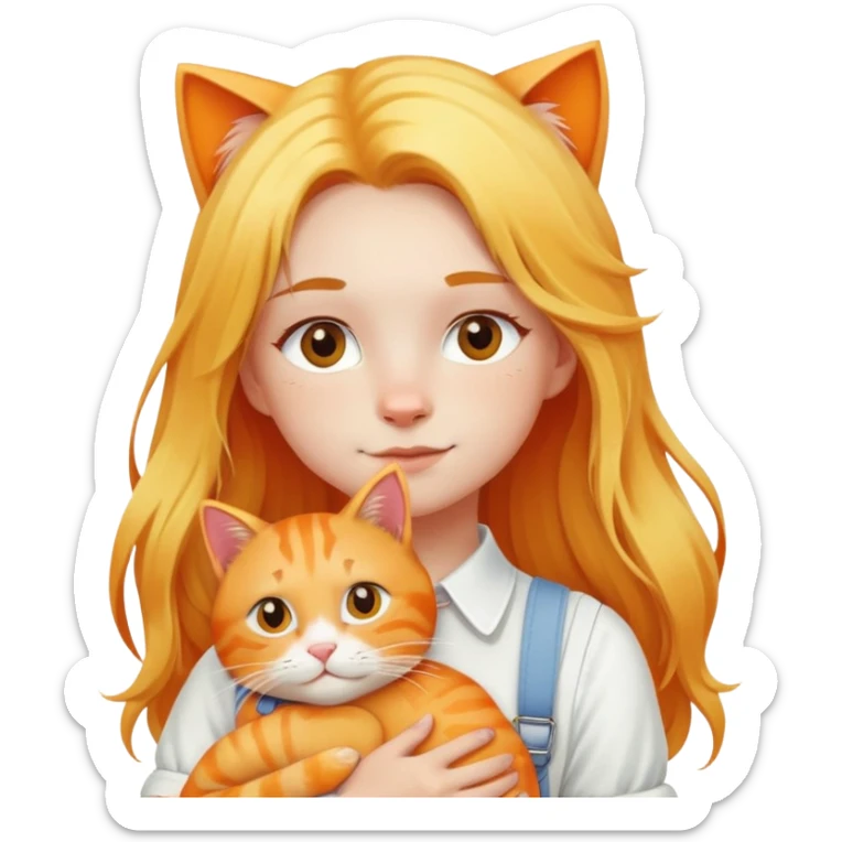 Caucasian girl - long yellow hair - white suspenders - hugging - a orange cat sticker