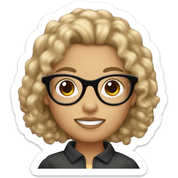 A White girl with curly black hair and glasses holding a brown Yorkie  sticker