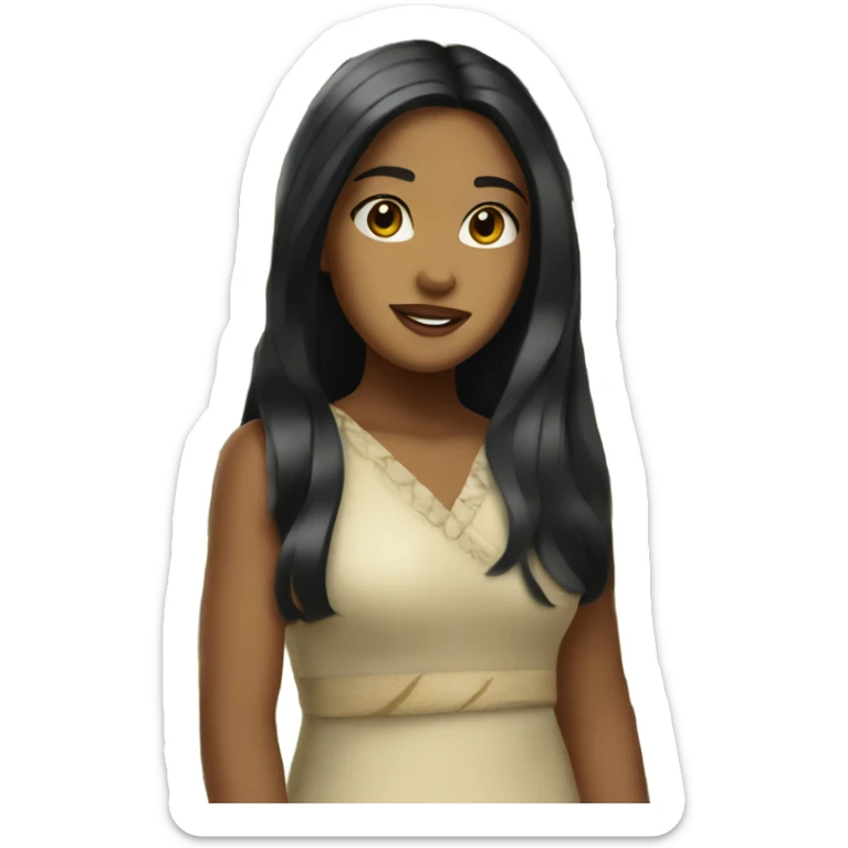 Brown Island girl with long black hair and a plumeria flower sticker