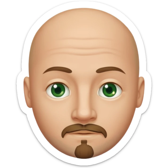 white caucasian bald man's face, with brown  round goatee and dark green eyes, oval face, rounded, big, little eyes a small smile sticker