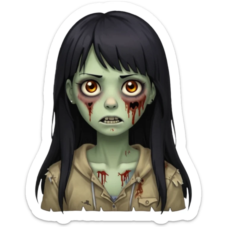 Zombie woman with long black hair and bangs, a nose piercing, and brown eyes. sticker