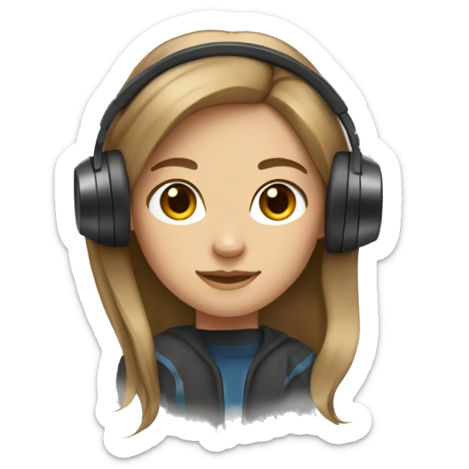 Create a girl relaxed with headphones, light skin, brown eyes, brown hair, straight long hair sticker