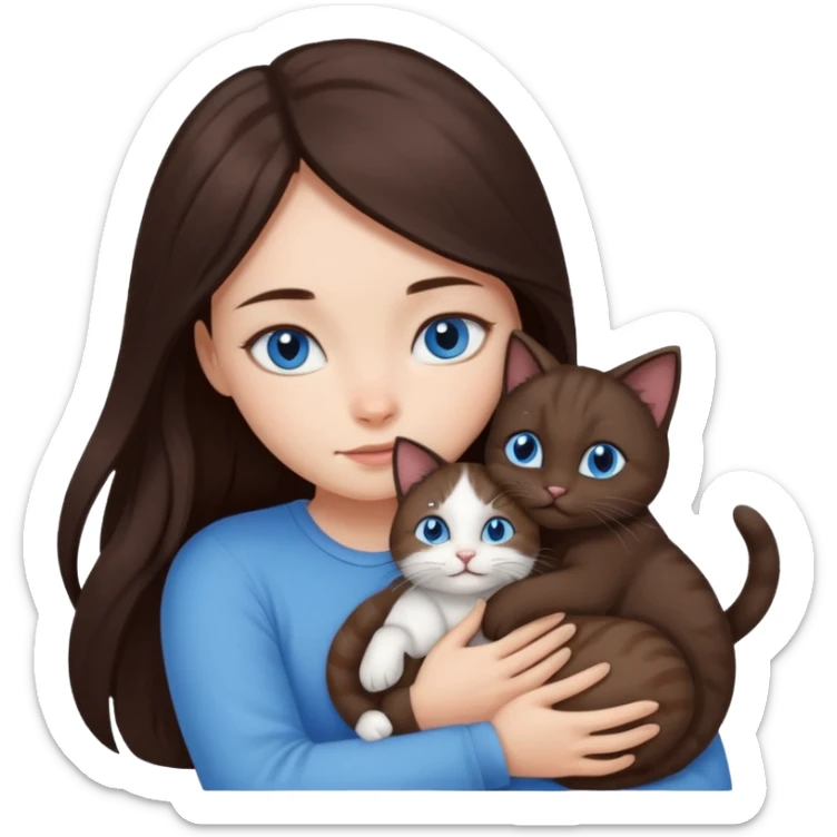 a girl with long dark 
brown hair, with blue eyes, hugs 3 different natural coloured small cats sticker